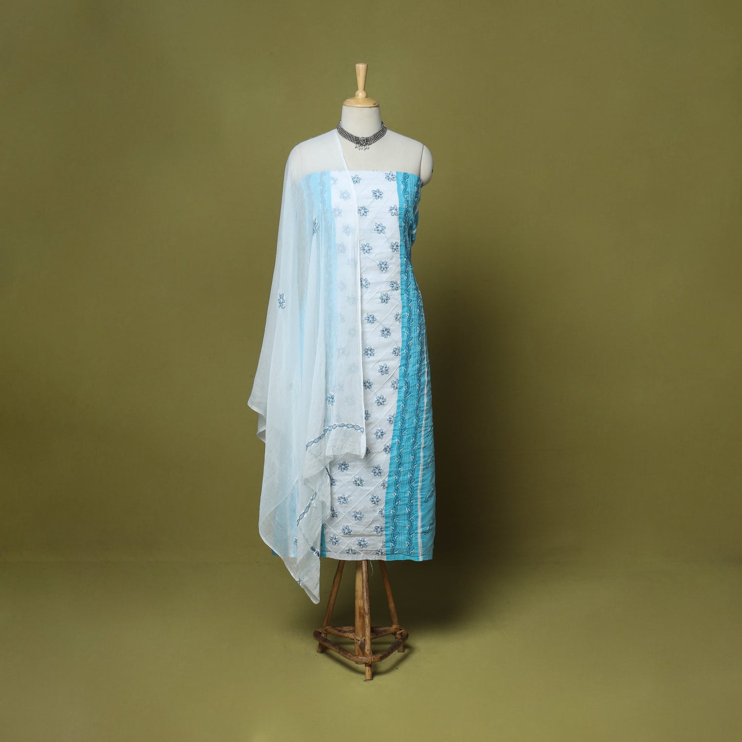 Blue - 3pc hand embroidery cotton lucknow chikankari dress
