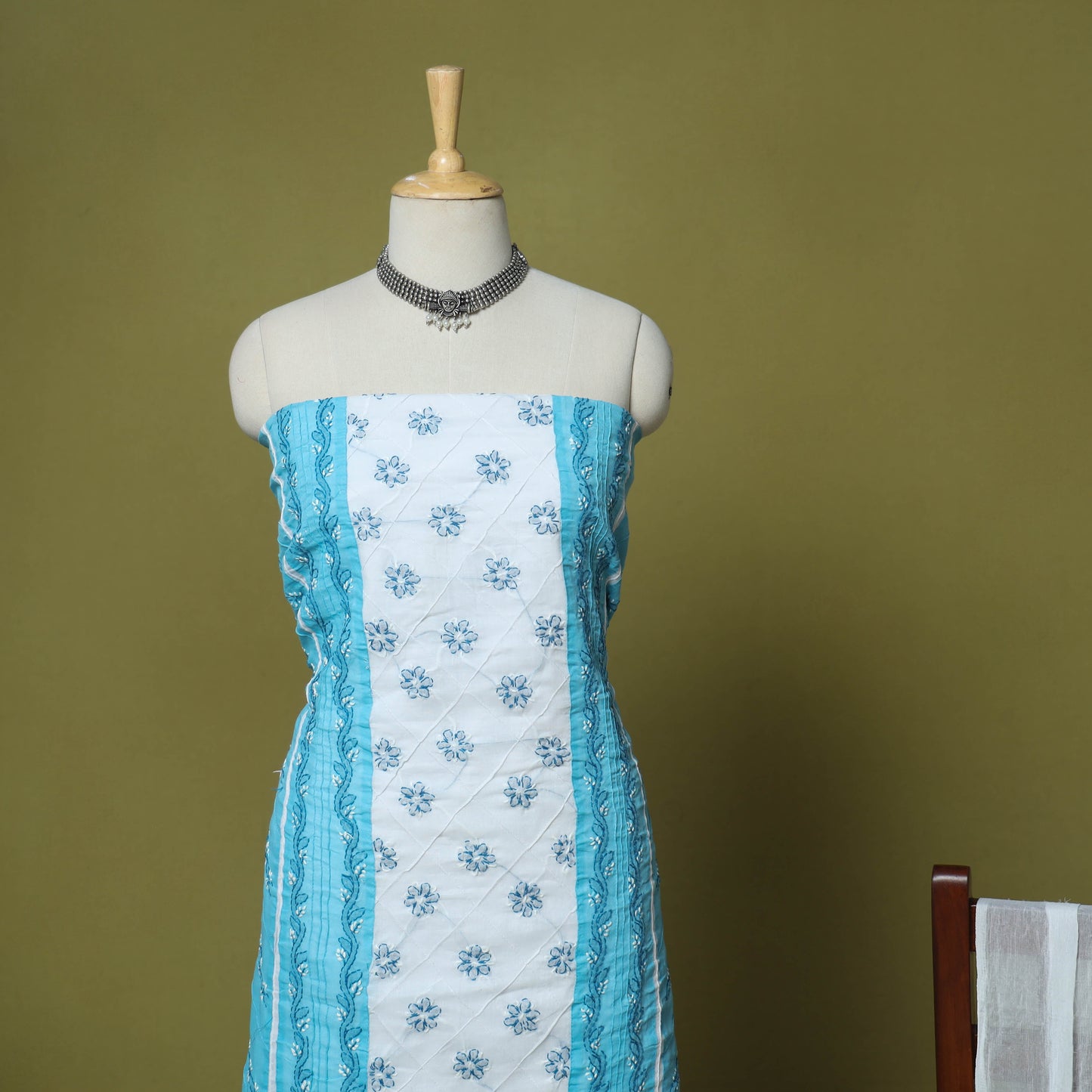 Blue - 3pc hand embroidery cotton lucknow chikankari dress