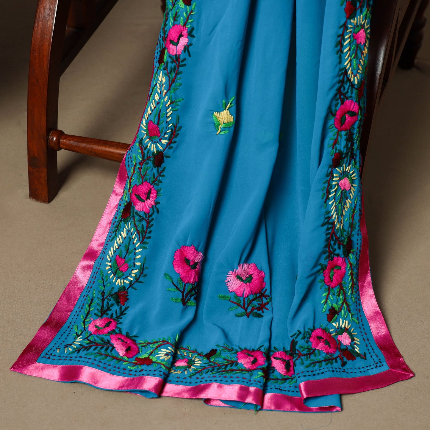 Blue - 3pc hand embroidery georgette unstitched phulkari
