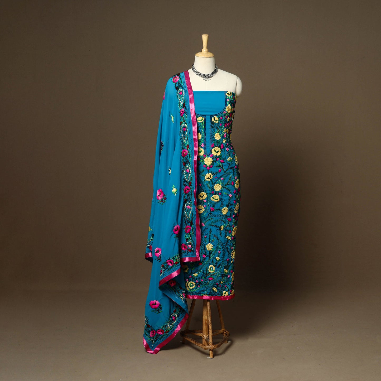 Blue - 3pc hand embroidery georgette unstitched phulkari