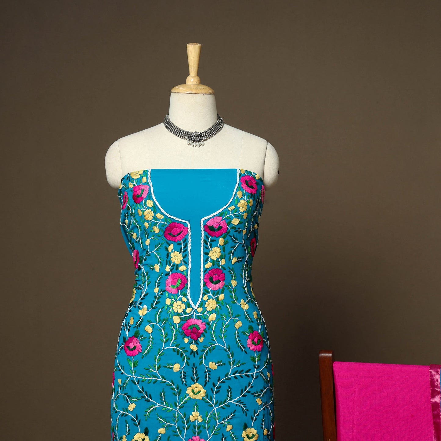 Blue - 3pc hand embroidery georgette unstitched phulkari