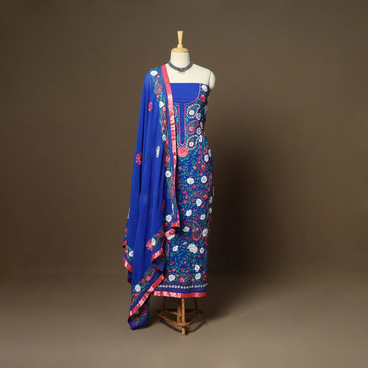 Blue - 3pc hand embroidery georgette unstitched phulkari