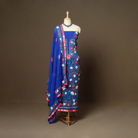 Blue - 3pc hand embroidery georgette unstitched phulkari