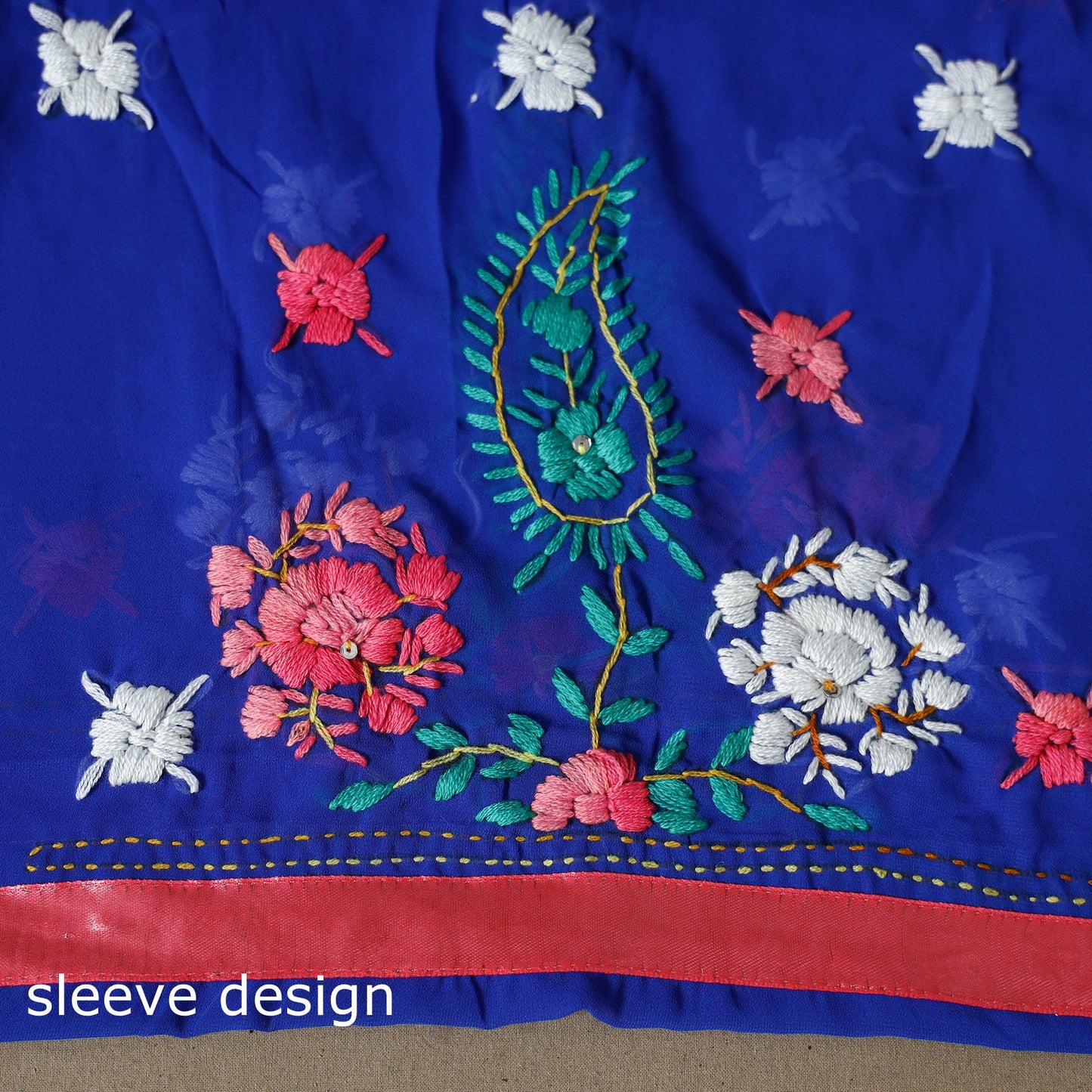 Blue - 3pc hand embroidery georgette unstitched phulkari