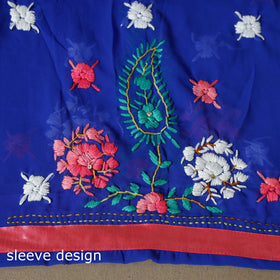 Blue - 3pc hand embroidery georgette unstitched phulkari