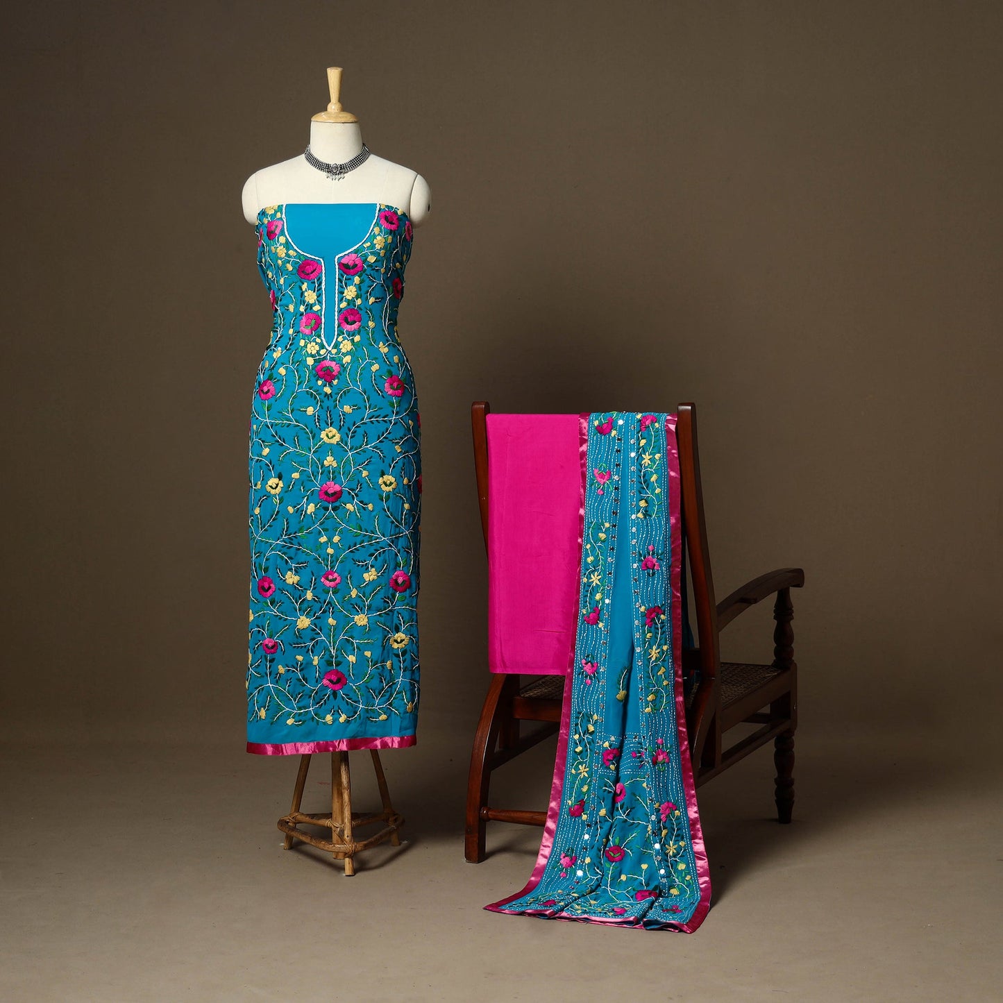 Blue - 3pc hand embroidery georgette unstitched phulkari