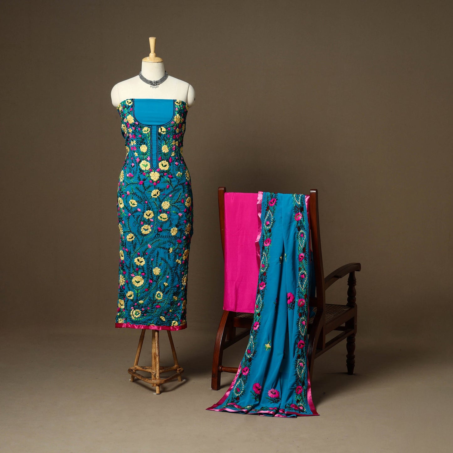 Blue - 3pc hand embroidery georgette unstitched phulkari