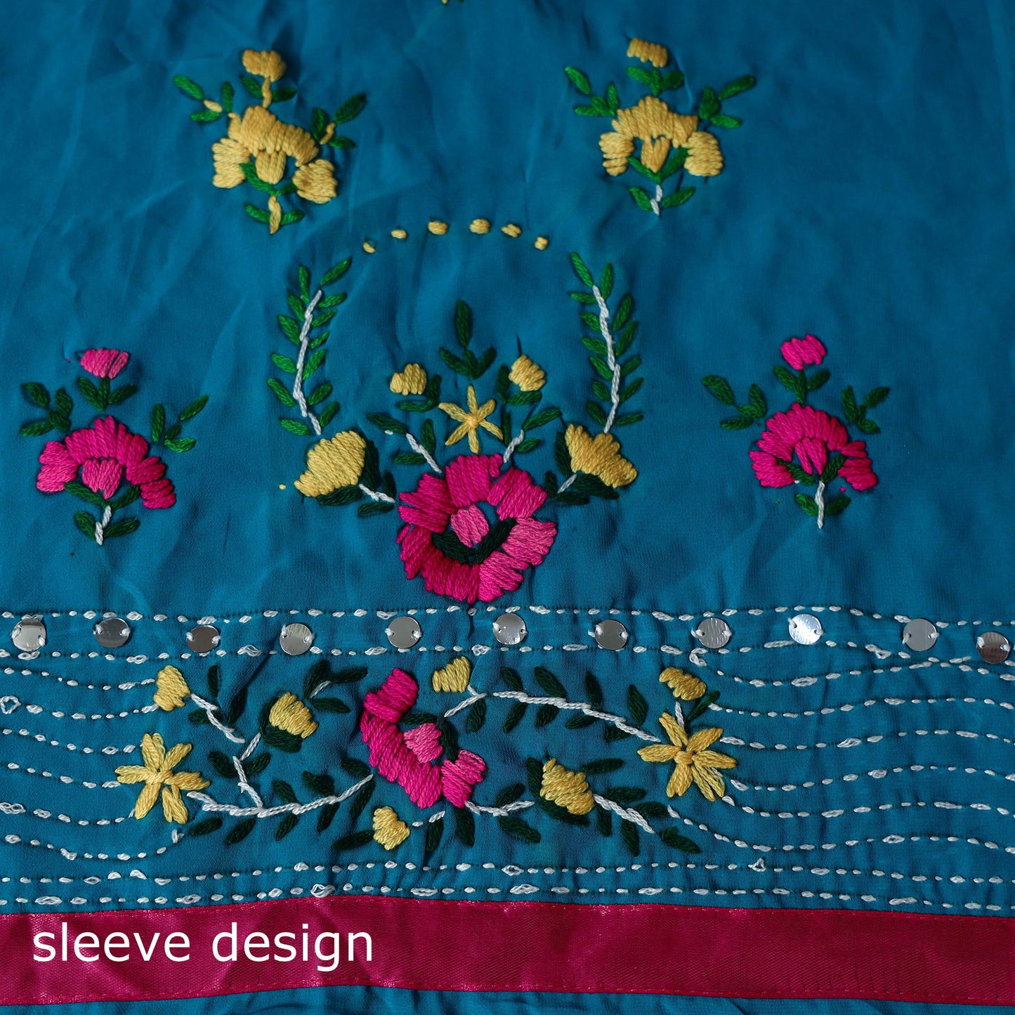 Blue - 3pc hand embroidery georgette unstitched phulkari