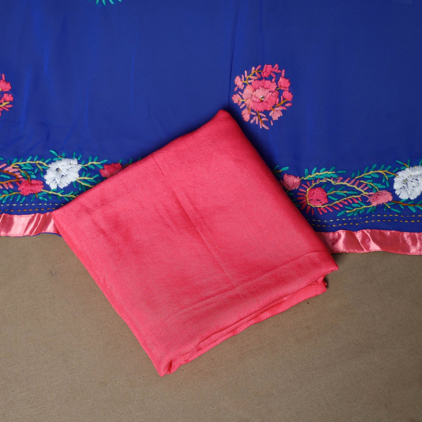 Blue - 3pc hand embroidery georgette unstitched phulkari