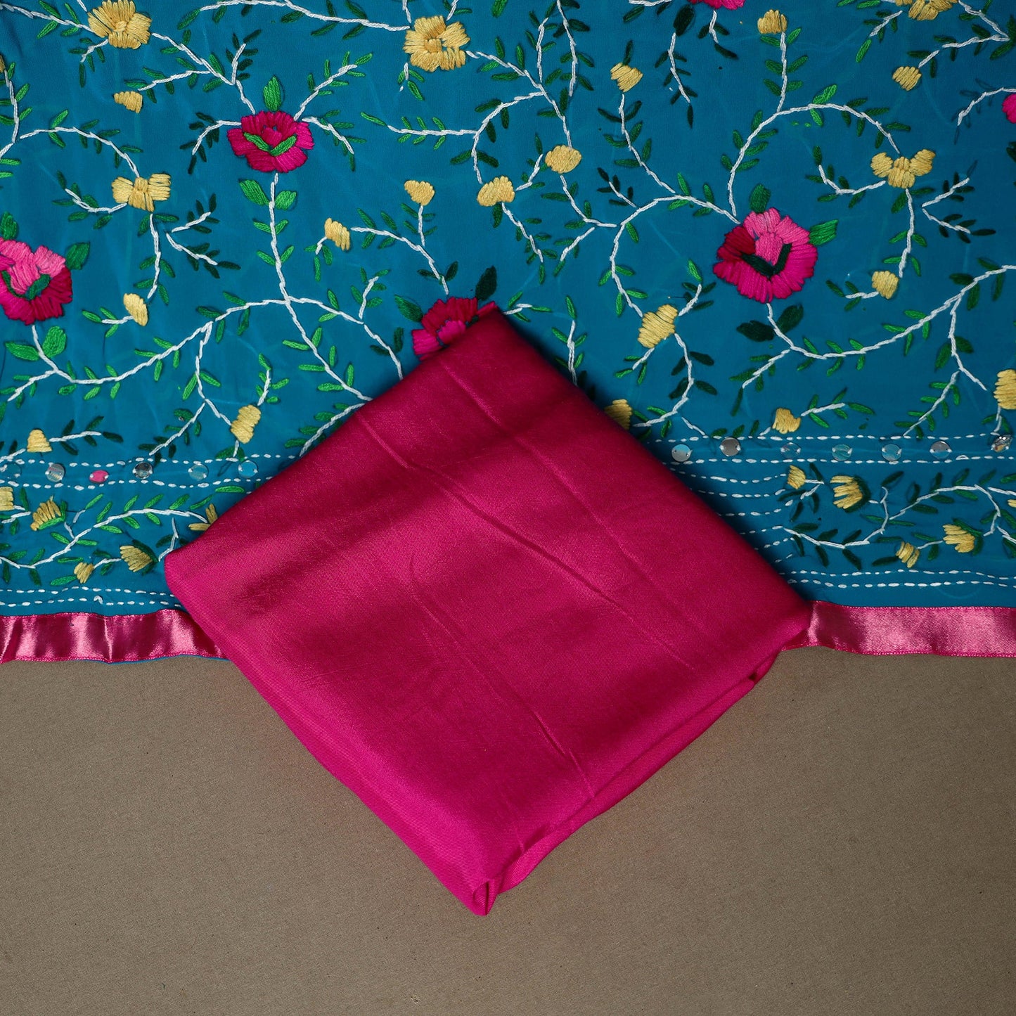 Blue - 3pc hand embroidery georgette unstitched phulkari