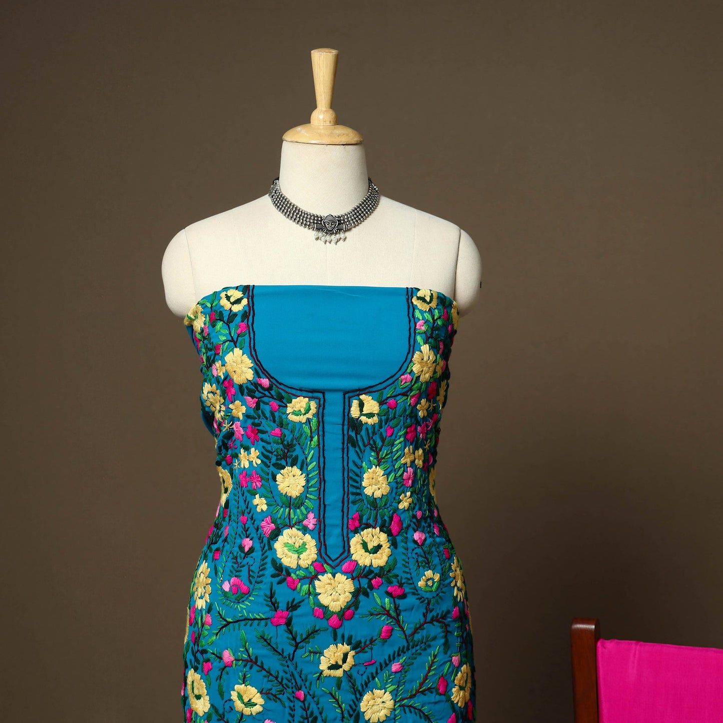 Blue - 3pc hand embroidery georgette unstitched phulkari