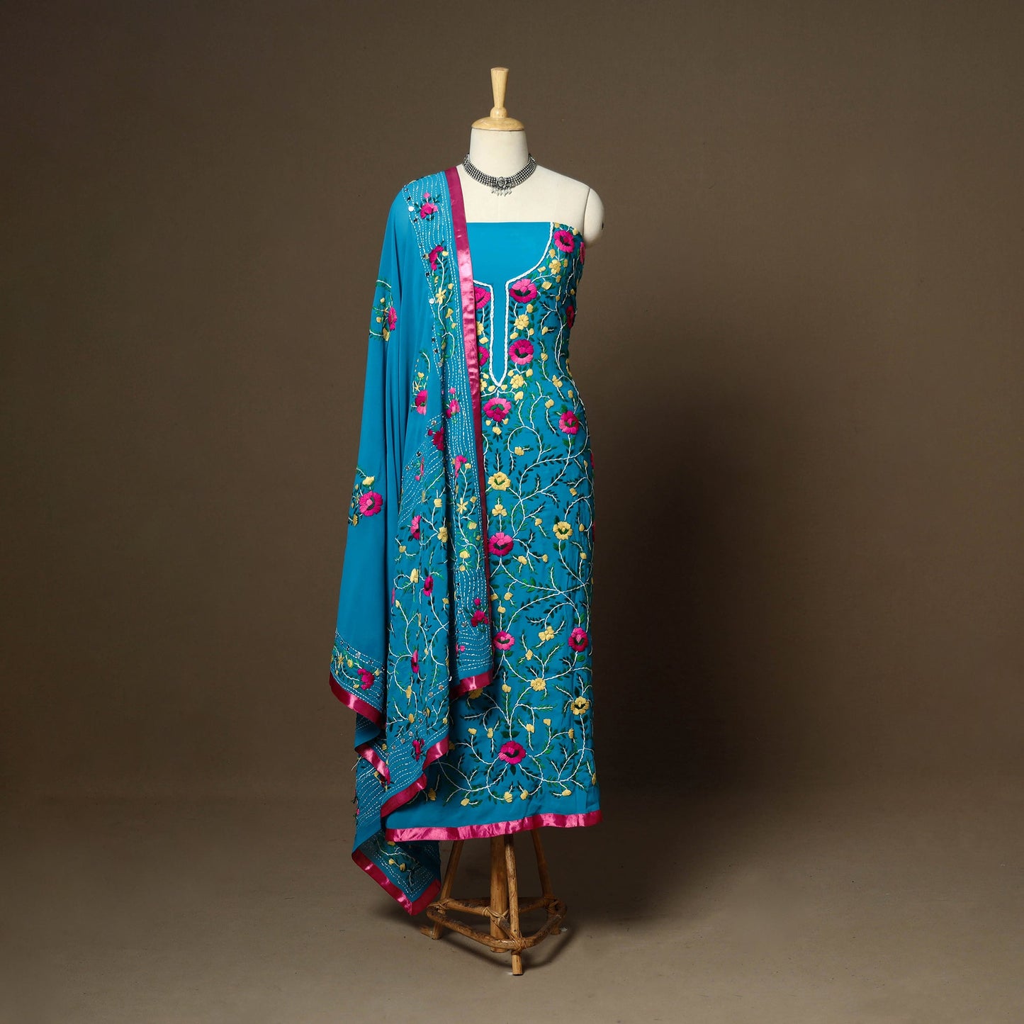Blue - 3pc hand embroidery georgette unstitched phulkari