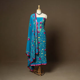 Blue - 3pc hand embroidery georgette unstitched phulkari