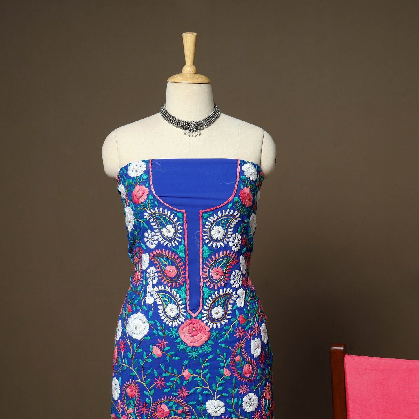 Blue - 3pc hand embroidery georgette unstitched phulkari