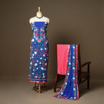 Blue - 3pc hand embroidery georgette unstitched phulkari