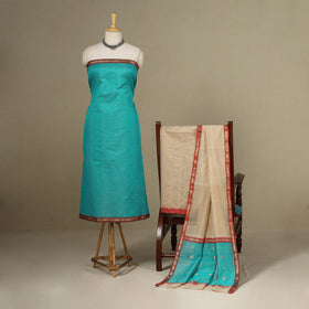 Blue - 3pc Handloom Nakshi Zari Unstitched Chanderi Silk Dress Material 