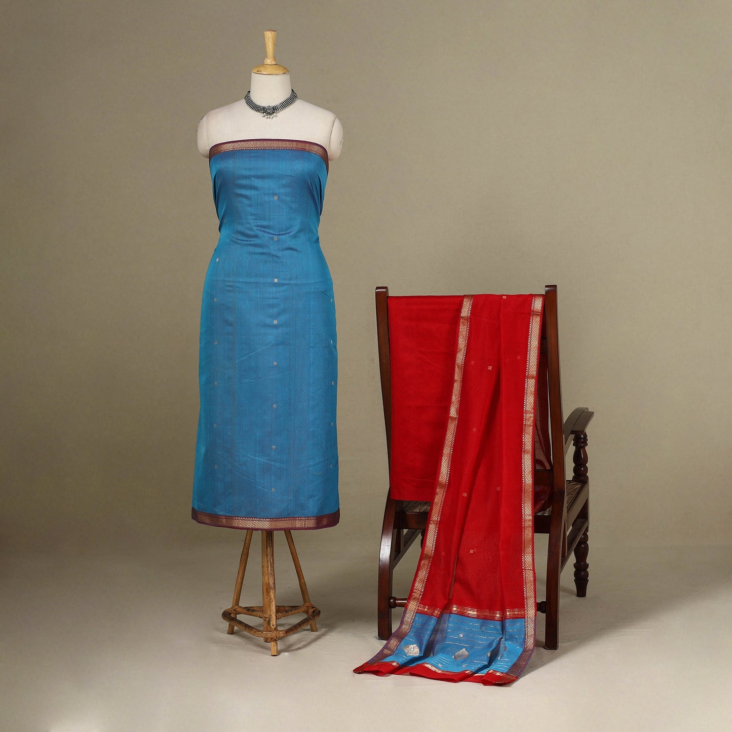 Blue - 3pc Handloom Nakshi Zari Unstitched Chanderi Silk Dress Material 