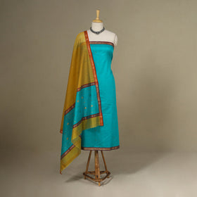 Blue - 3pc Handloom Nakshi Zari Unstitched Chanderi Silk Dress Material 