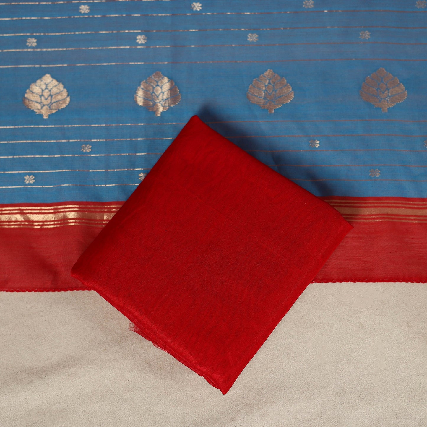 Blue - 3pc Handloom Nakshi Zari Unstitched Chanderi Silk Dress Material 