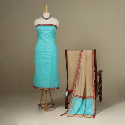 Blue - 3pc Handloom Nakshi Zari Unstitched Chanderi Silk Dress Material 