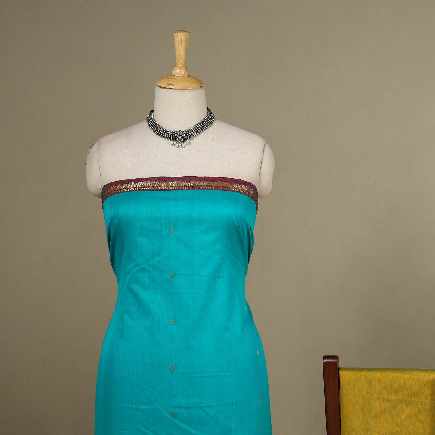 Blue - 3pc Handloom Nakshi Zari Unstitched Chanderi Silk Dress Material 