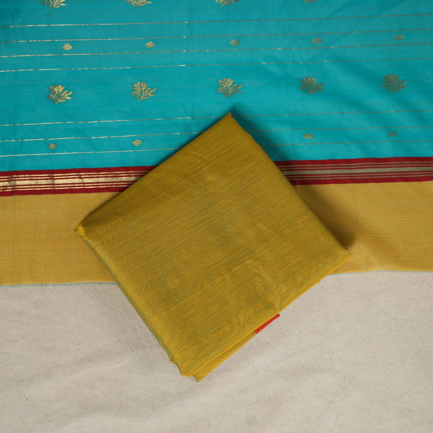 Blue - 3pc Handloom Nakshi Zari Unstitched Chanderi Silk Dress Material 