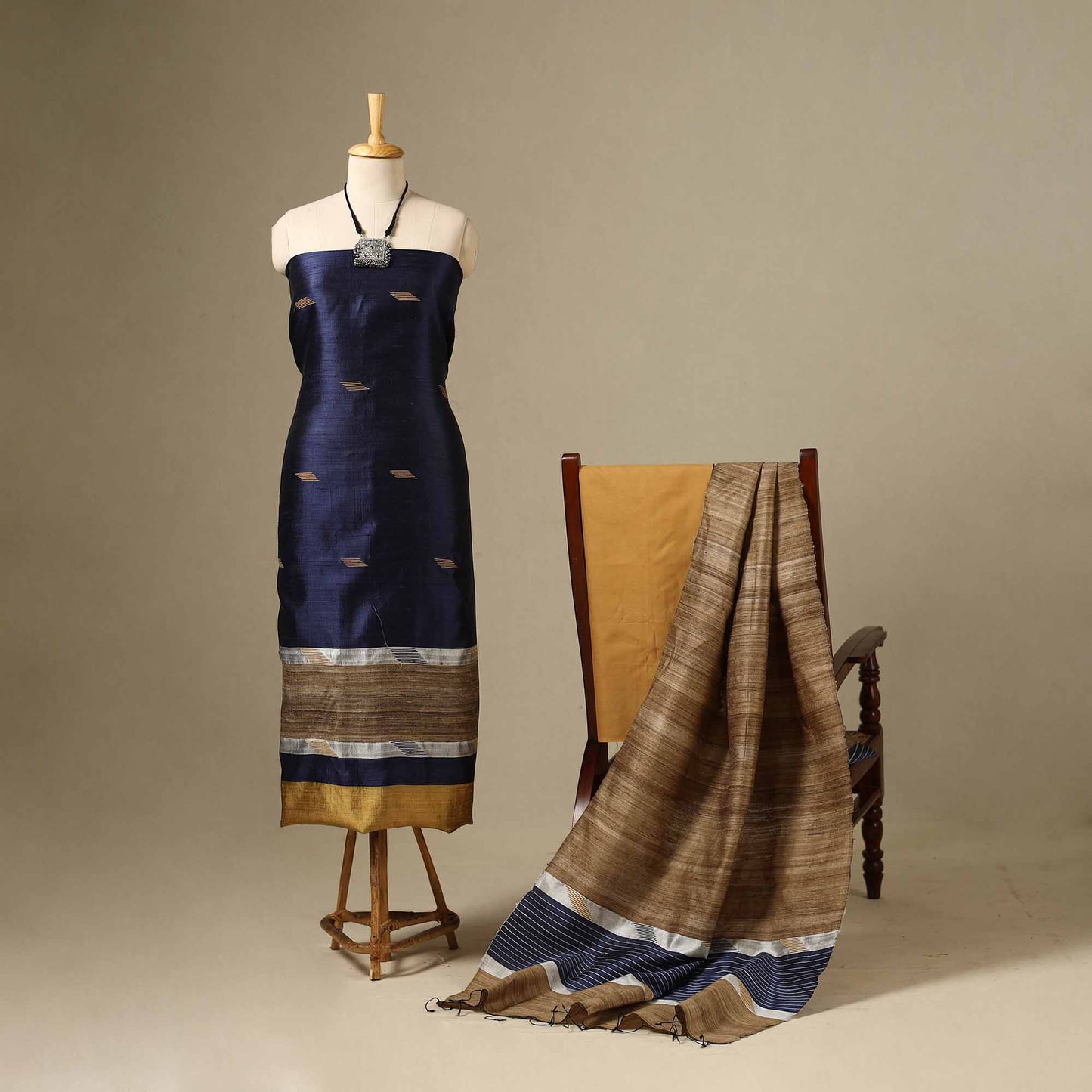 Blue 3pc Handloom Tussar Silk Bhagalpuri Dress Material