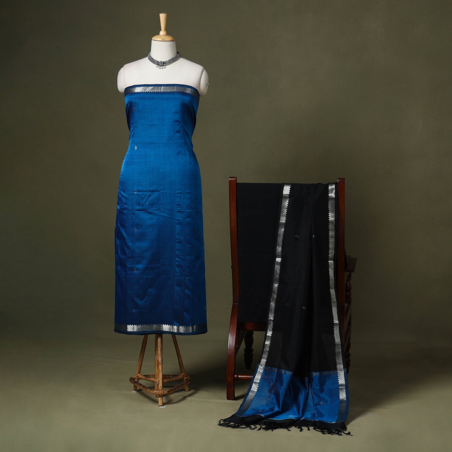 Blue - 3pc handloom unstitched buti mangalagiri dress