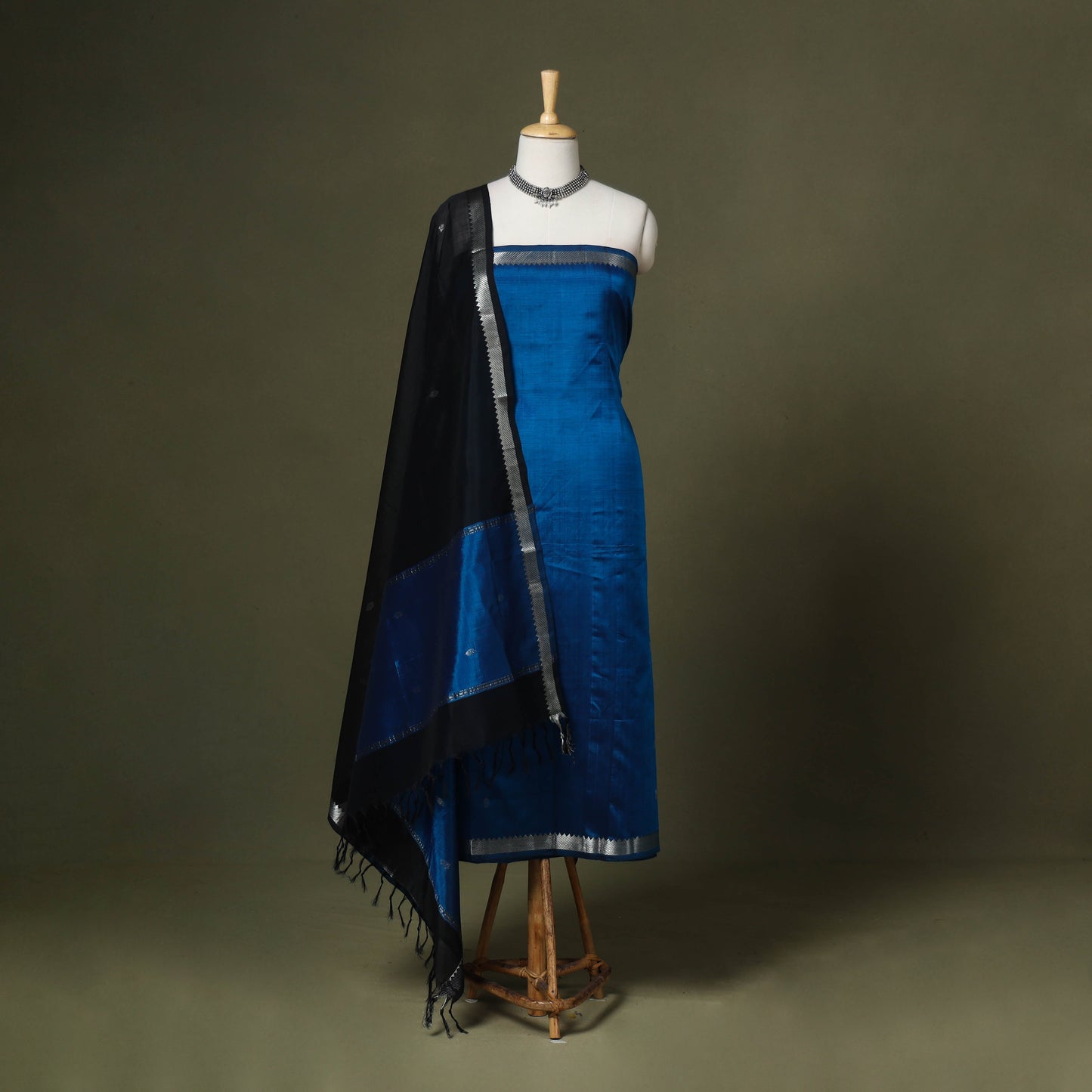 Blue - 3pc handloom unstitched buti mangalagiri dress