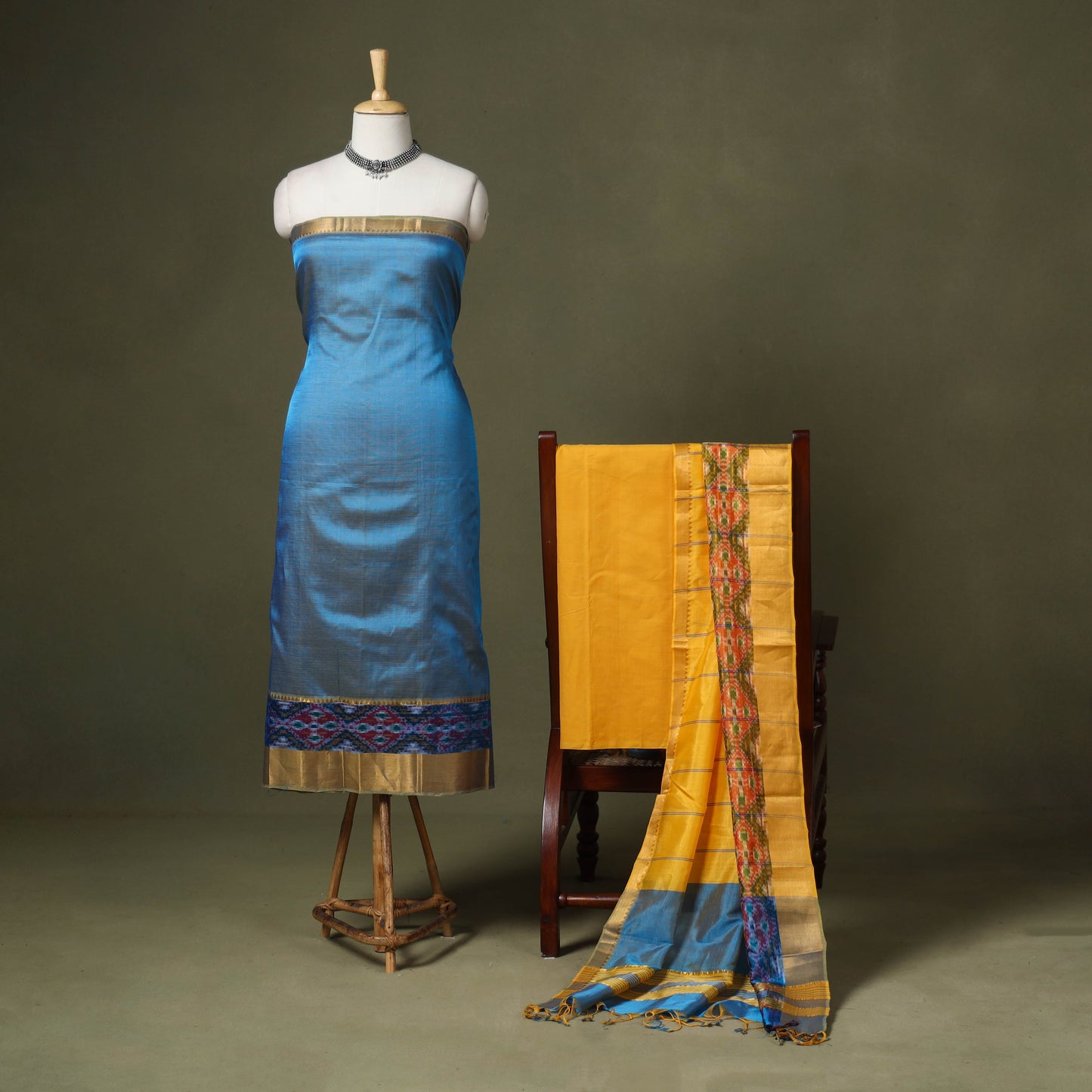 Blue - 3pc handloom unstitched mangalagiri dress material