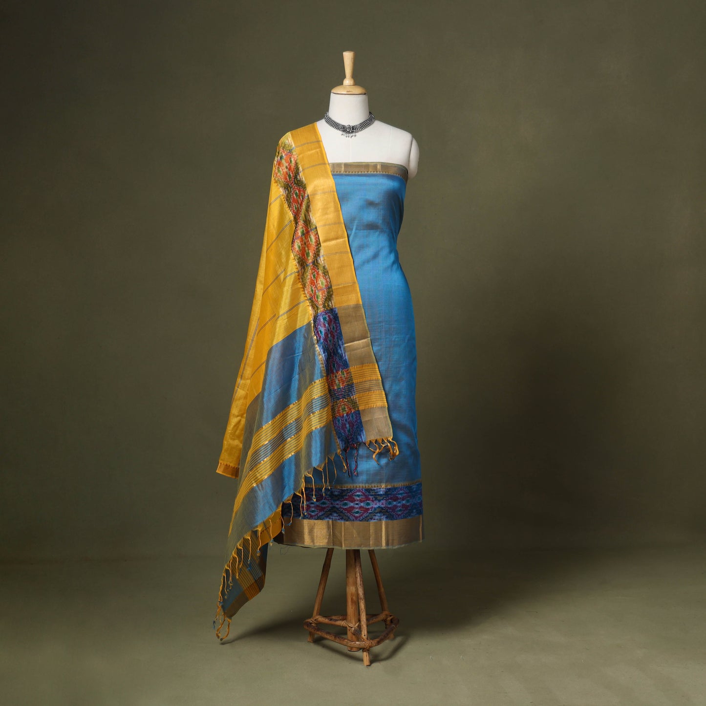 Blue - 3pc handloom unstitched mangalagiri dress material