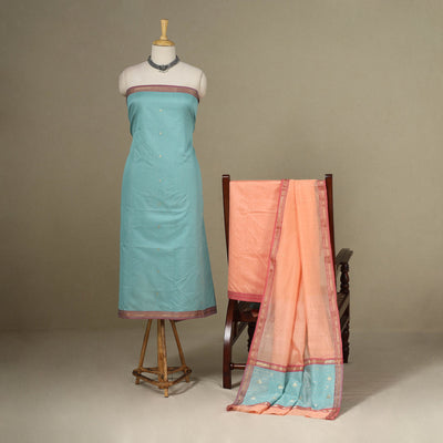 Blue - 3pc Handloom Zari Buti Unstitched Chanderi Silk Dress Material 