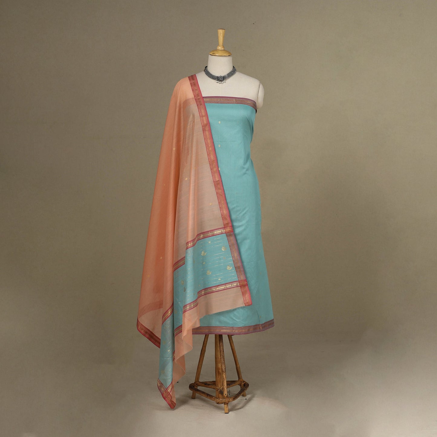 Blue - 3pc Handloom Zari Buti Unstitched Chanderi Silk Dress Material 