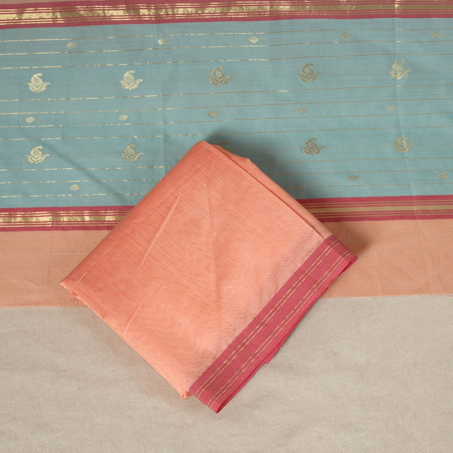 Blue - 3pc Handloom Zari Buti Unstitched Chanderi Silk Dress Material 