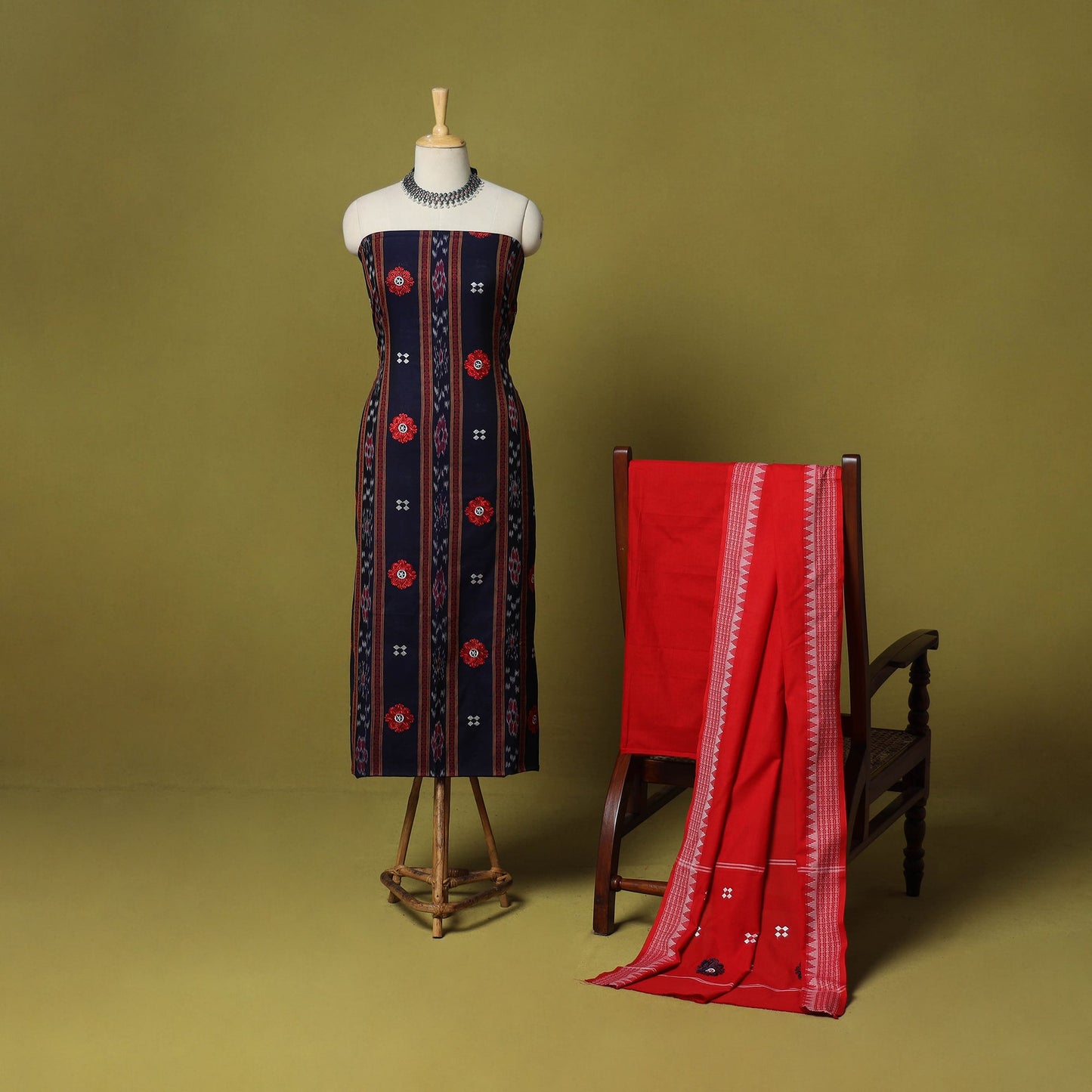 Blue - 3pc ikat handloom cotton unstitched sambalpuri dress