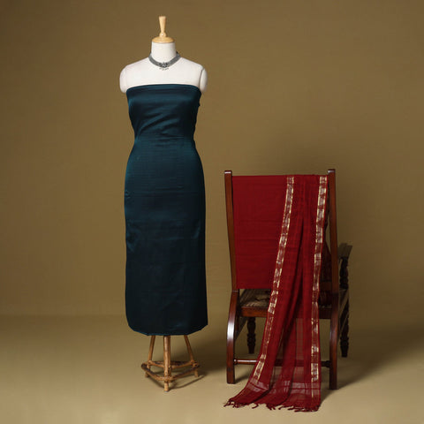 Blue - 3pc karnataka weave cotton unstitched khun dress