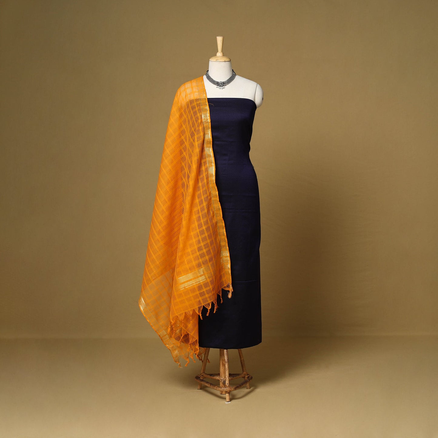 Blue - 3pc karnataka weave cotton unstitched khun dress