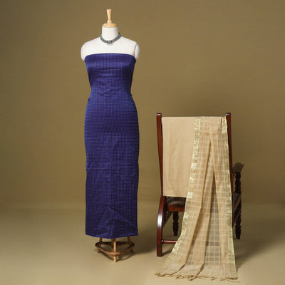 Blue - 3pc karnataka weave cotton unstitched khun dress