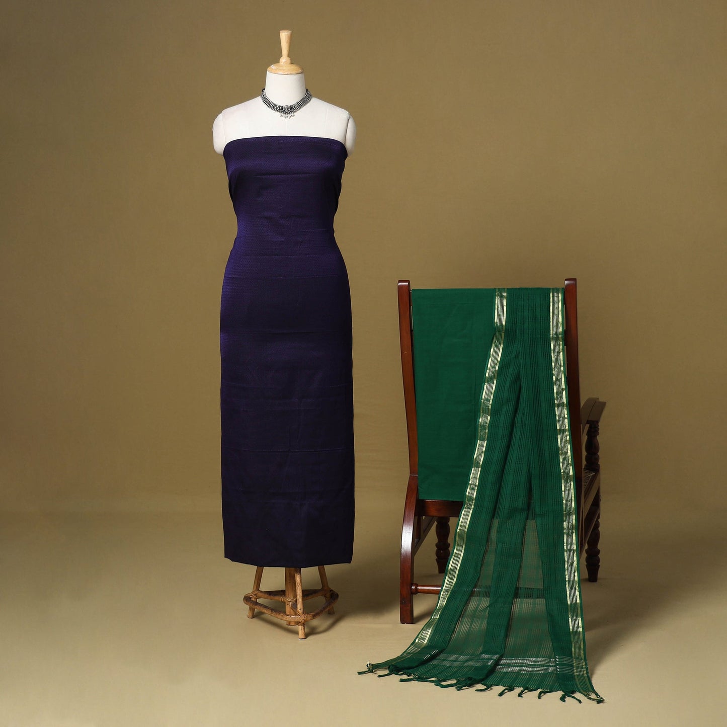 Blue - 3pc karnataka weave cotton unstitched khun dress