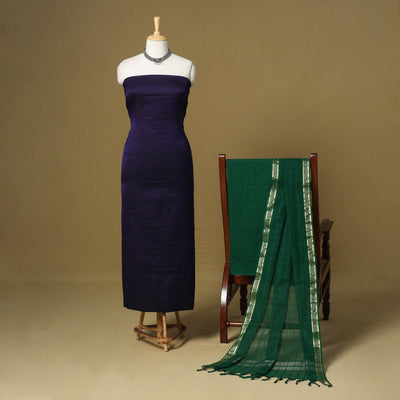 Blue - 3pc karnataka weave cotton unstitched khun dress