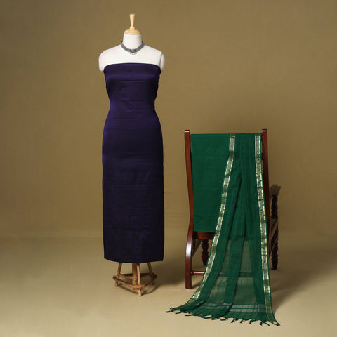 Blue - 3pc karnataka weave cotton unstitched khun dress