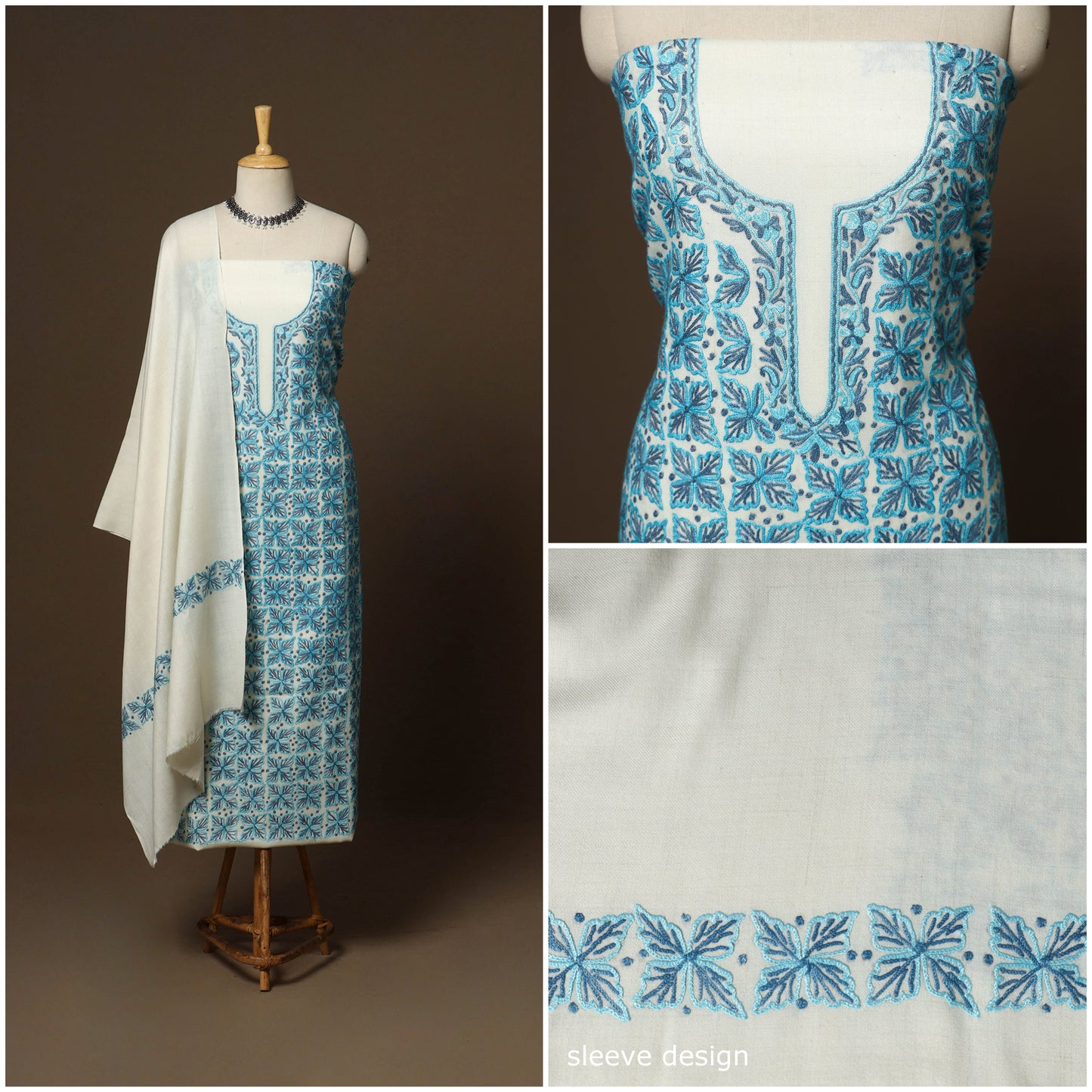 Blue - 3pc kashmiri merino wool unstitched heavy sozni hand