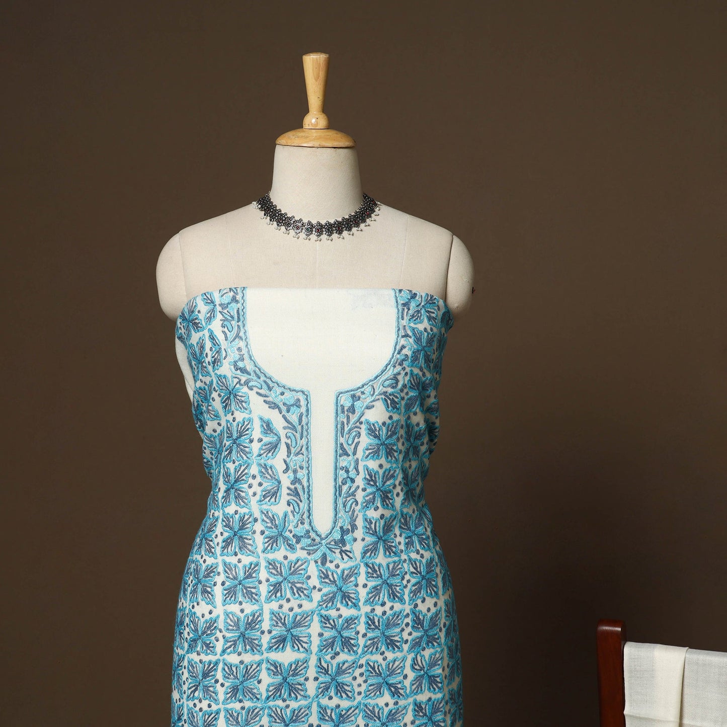 Blue - 3pc kashmiri merino wool unstitched heavy sozni hand