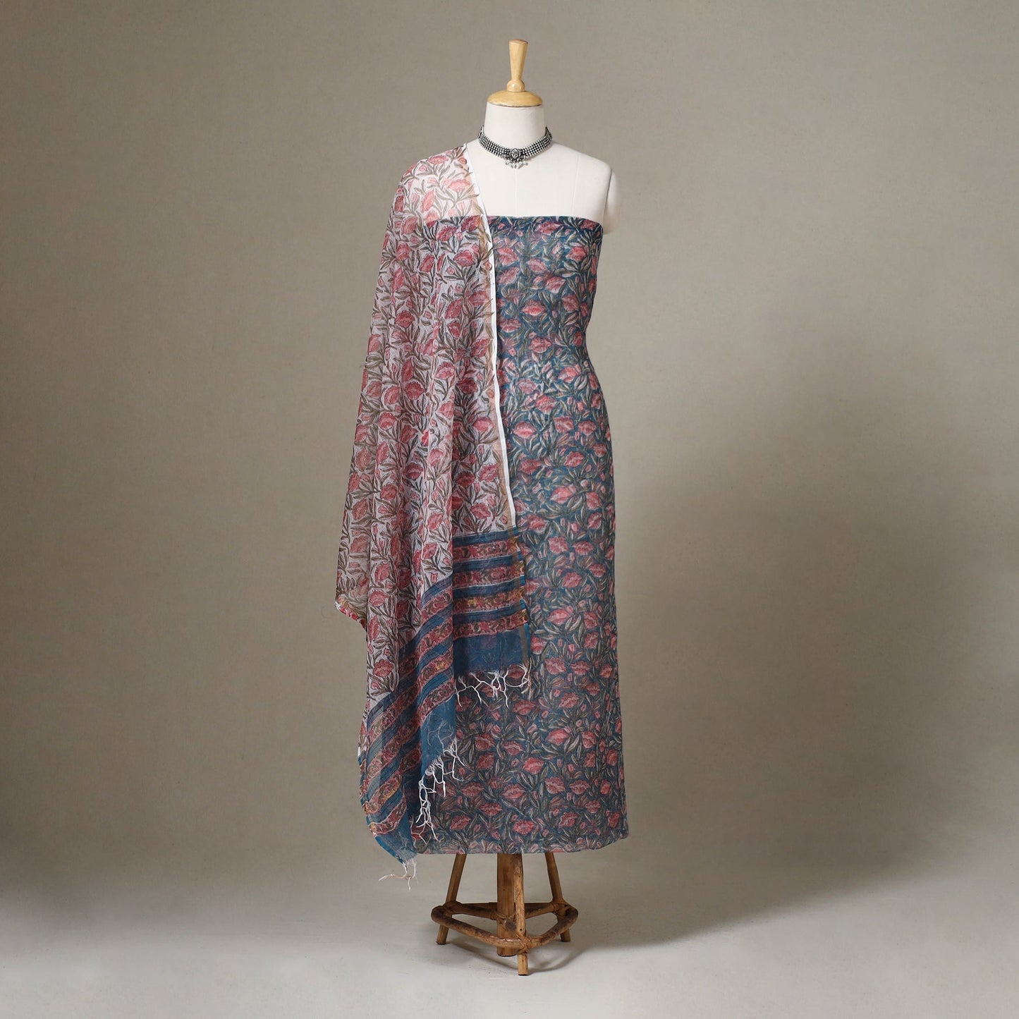 Blue 3pc Block Print Kota Doria Cotton Sanganeri Dress Material