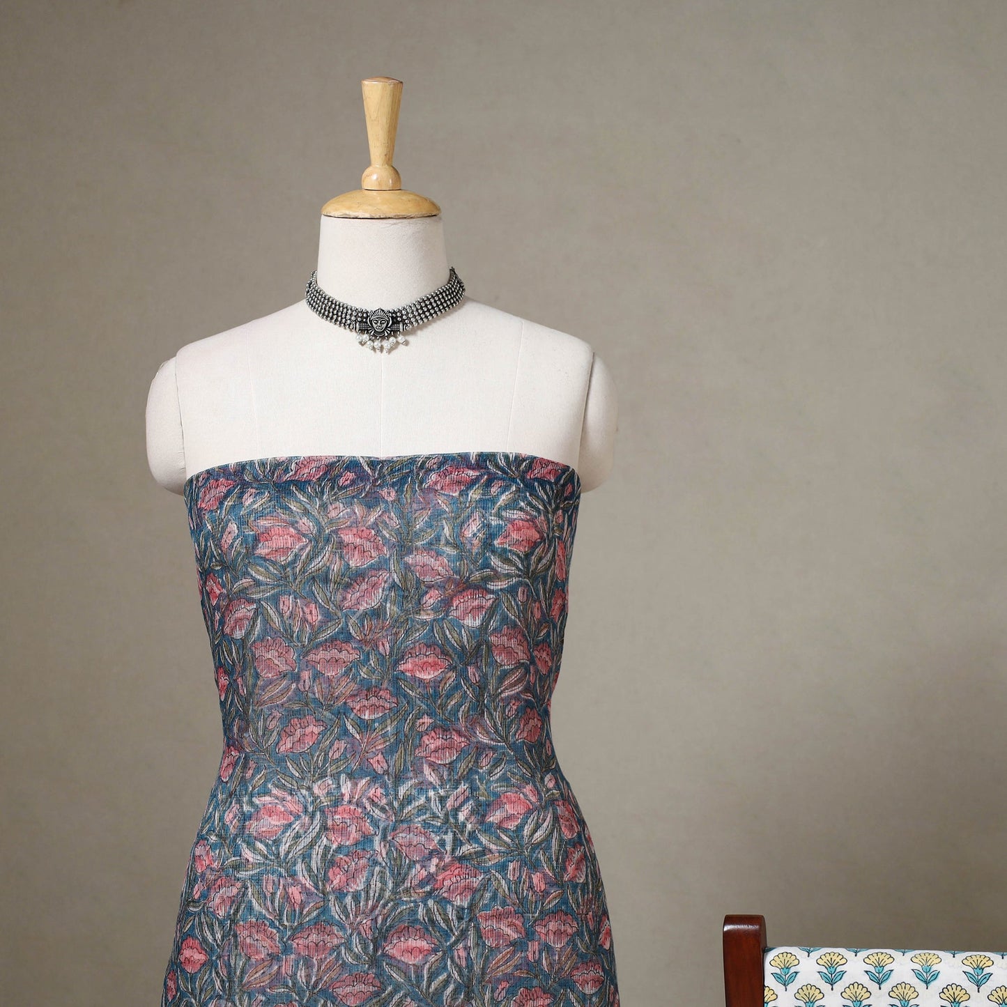 Blue 3pc Block Print Kota Doria Cotton Sanganeri Dress Material