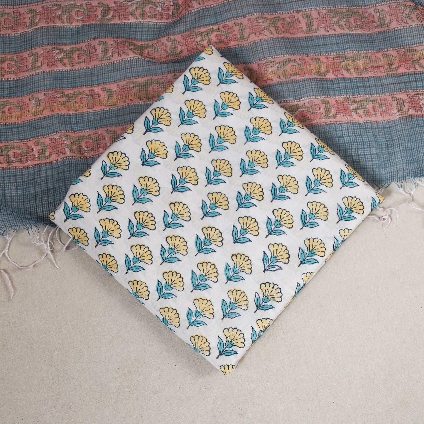 Blue 3pc Block Print Kota Doria Cotton Sanganeri Dress Material