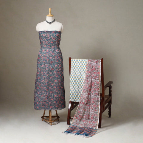 Blue 3pc Block Print Kota Doria Cotton Sanganeri Dress Material