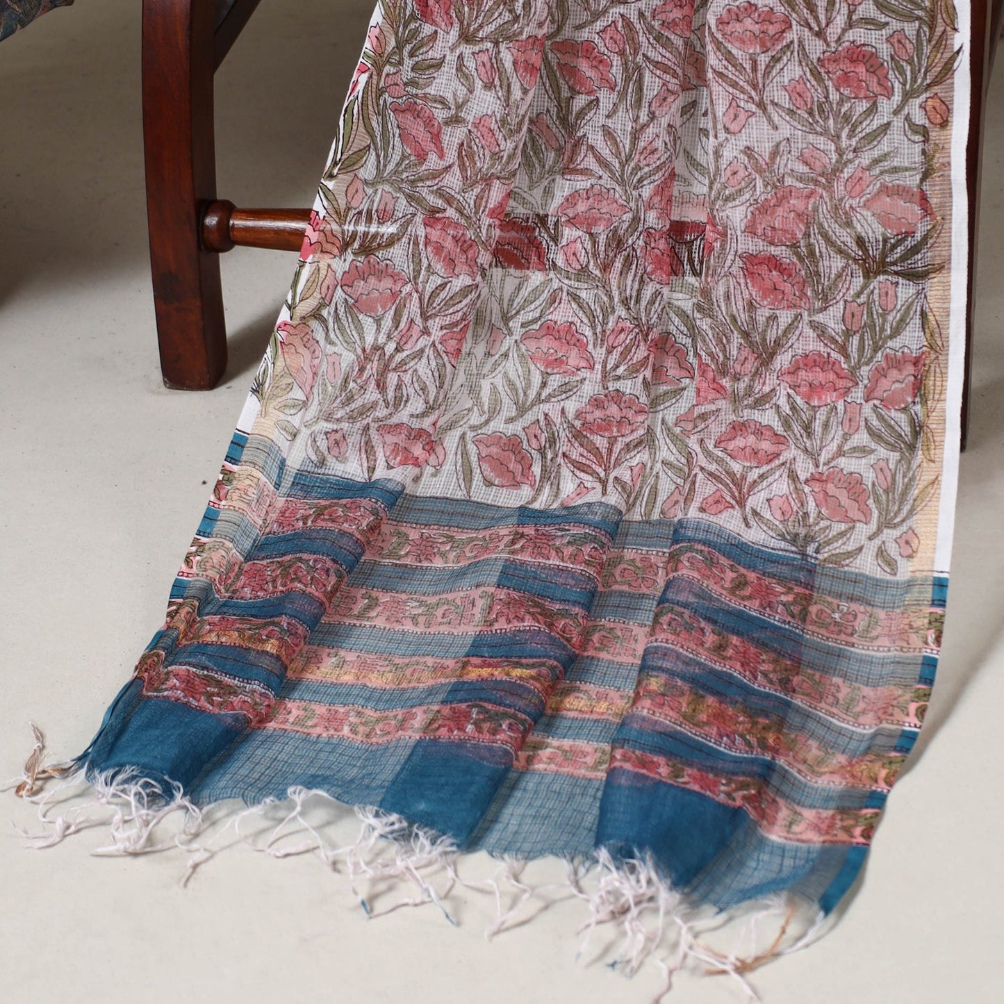 Blue 3pc Block Print Kota Doria Cotton Sanganeri Dress Material