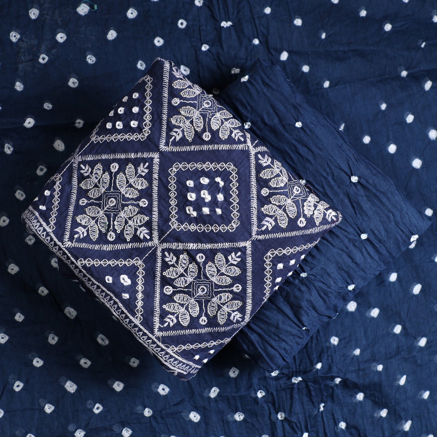 Buy 3pc Kutch Bandhani Tie-Dye Sequin Work Satin Cotton Suit Material Set 51 Online at iTokri.com