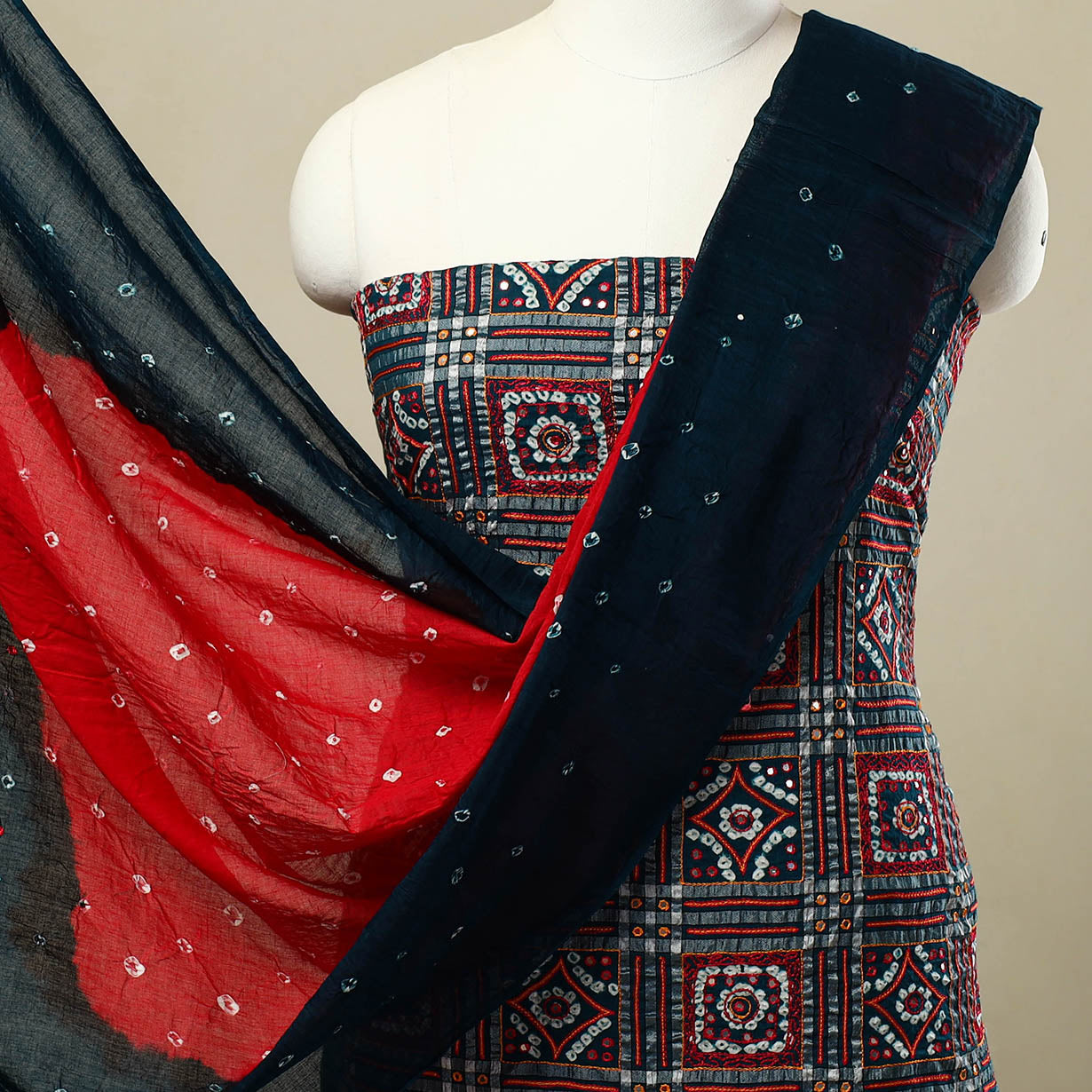 3pc Blue Kutch Cotton Sequins Work Bandhani Dress Material